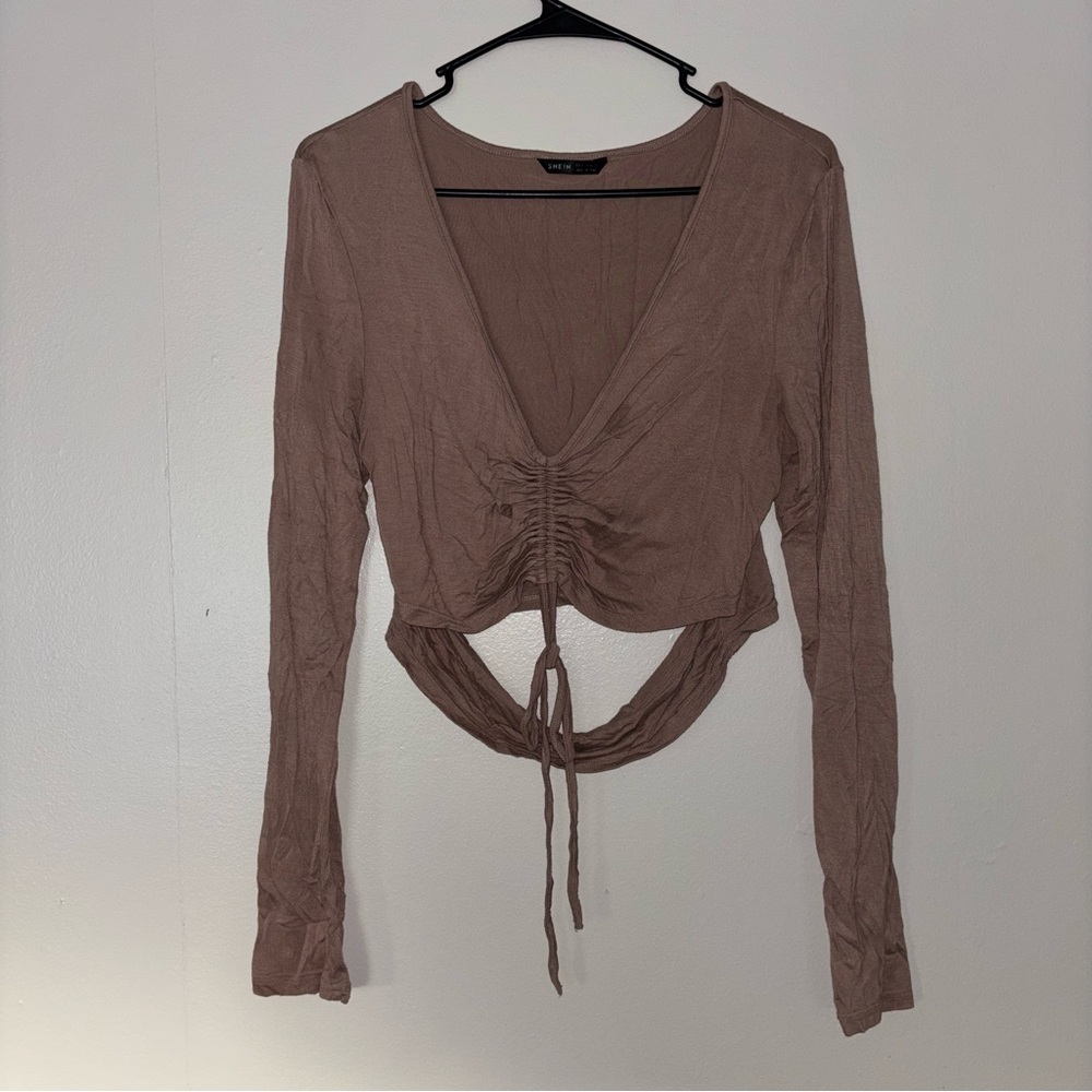 SHEIN Brown Ruched Long Sleeve Blouse